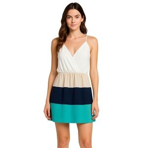 NAKED ZEBRA Womens‎ Dress Size M White Beige Navy Teal Colorblock V-Neck Chic